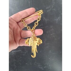 Gold Tone Elephant Head Shaped Safety Pin Brooch Vintage Costume Jewelry